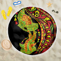 Hawaiian Manta Ray and Hammerhead Shark Tribal Tattoo Beach Blanket with Polynesian Tribal Pattern Kanaka Maoli Flag Color