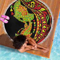 Hawaiian Manta Ray and Hammerhead Shark Tribal Tattoo Beach Blanket with Polynesian Tribal Pattern Kanaka Maoli Flag Color