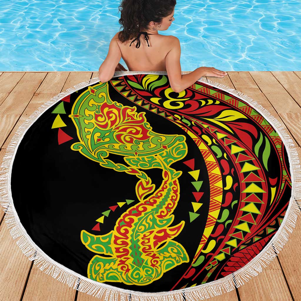 Hawaiian Manta Ray and Hammerhead Shark Tribal Tattoo Beach Blanket with Polynesian Tribal Pattern Kanaka Maoli Flag Color