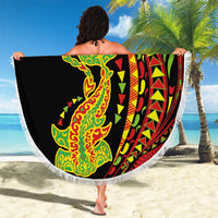 Hawaiian Manta Ray and Hammerhead Shark Tribal Tattoo Beach Blanket with Polynesian Tribal Pattern Kanaka Maoli Flag Color