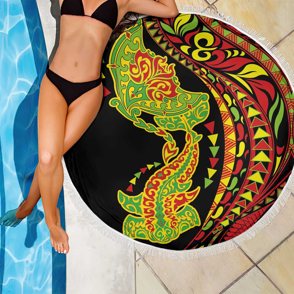 Hawaiian Manta Ray and Hammerhead Shark Tribal Tattoo Beach Blanket with Polynesian Tribal Pattern Kanaka Maoli Flag Color