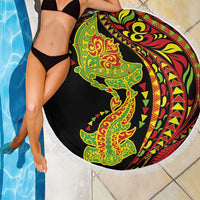 Hawaiian Manta Ray and Hammerhead Shark Tribal Tattoo Beach Blanket with Polynesian Tribal Pattern Kanaka Maoli Flag Color