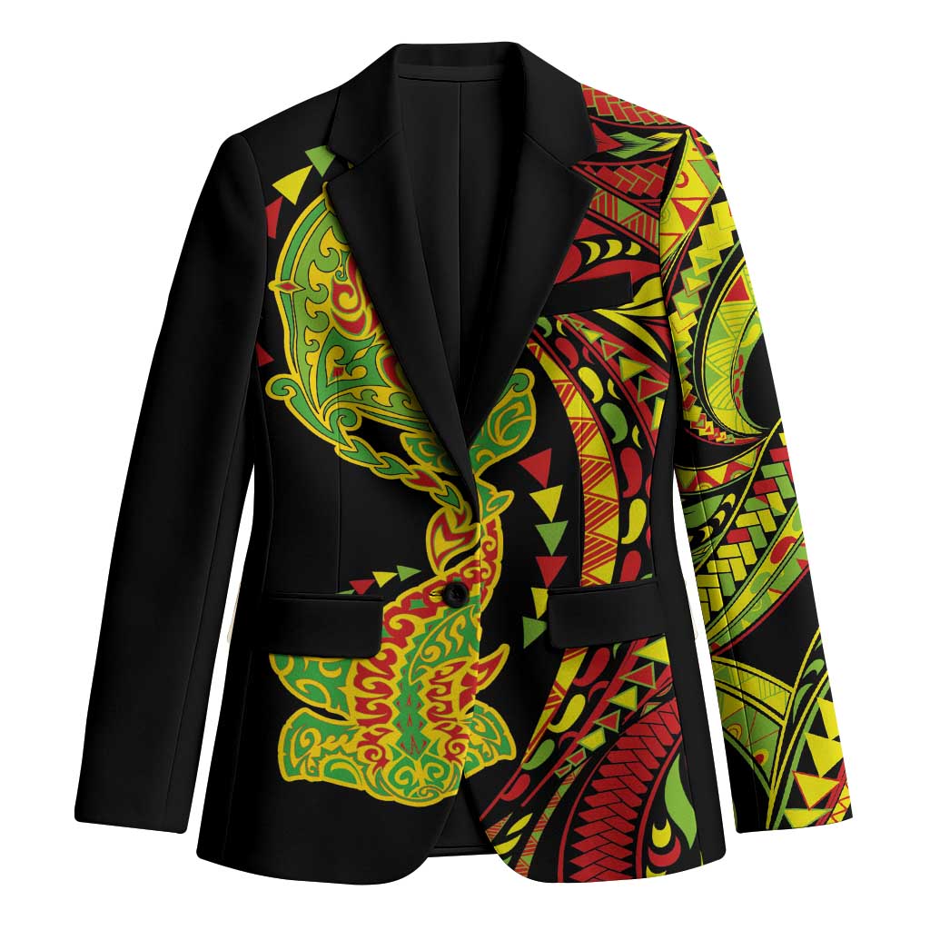 Hawaiian Manta Ray and Hammerhead Shark Tribal Tattoo Blazer with Polynesian Tribal Pattern Kanaka Maoli Flag Color