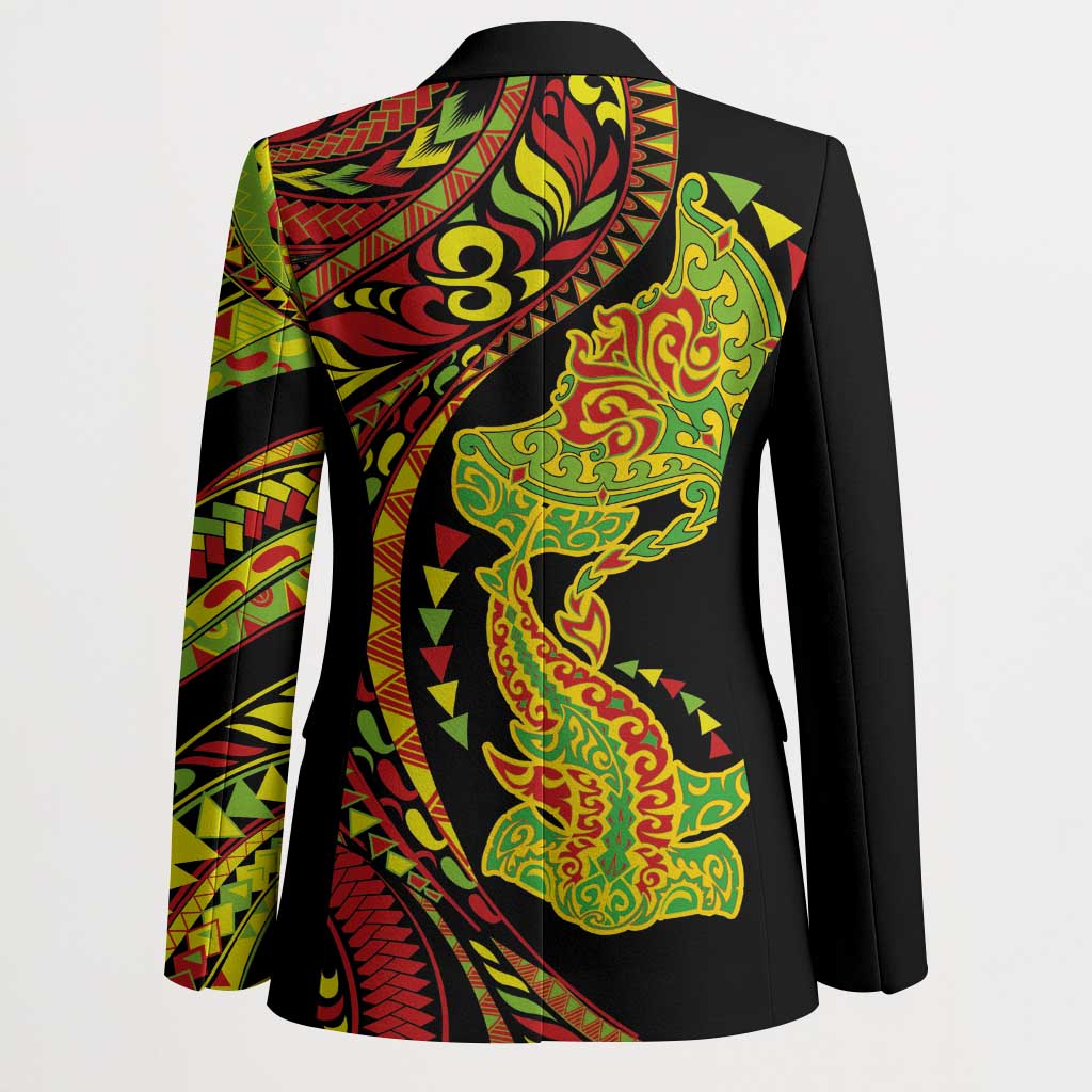 Hawaiian Manta Ray and Hammerhead Shark Tribal Tattoo Blazer with Polynesian Tribal Pattern Kanaka Maoli Flag Color