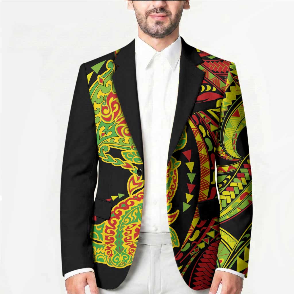 Hawaiian Manta Ray and Hammerhead Shark Tribal Tattoo Blazer with Polynesian Tribal Pattern Kanaka Maoli Flag Color