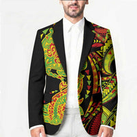 Hawaiian Manta Ray and Hammerhead Shark Tribal Tattoo Blazer with Polynesian Tribal Pattern Kanaka Maoli Flag Color