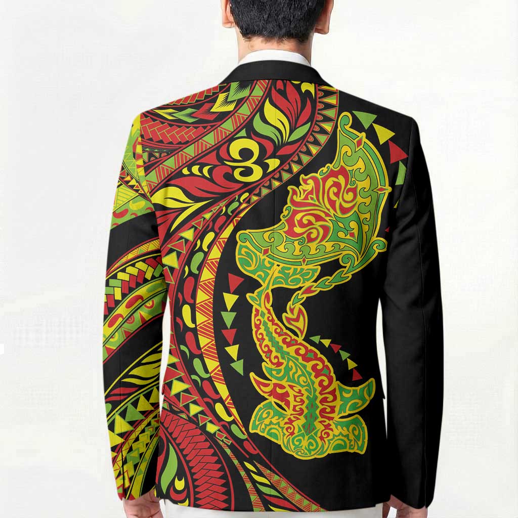 Hawaiian Manta Ray and Hammerhead Shark Tribal Tattoo Blazer with Polynesian Tribal Pattern Kanaka Maoli Flag Color