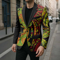 Hawaiian Manta Ray and Hammerhead Shark Tribal Tattoo Blazer with Polynesian Tribal Pattern Kanaka Maoli Flag Color