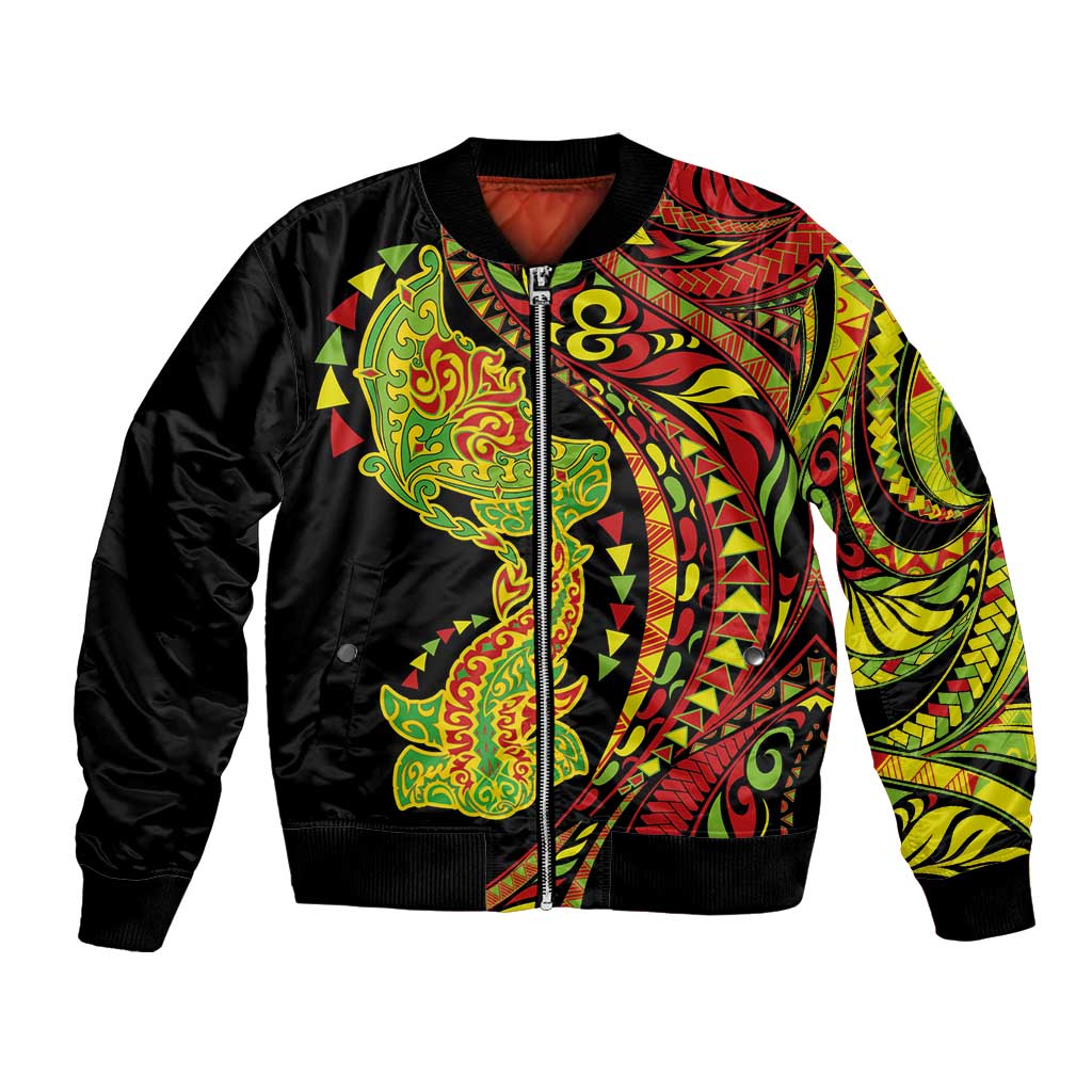 Hawaiian Manta Ray and Hammerhead Shark Tribal Tattoo Bomber Jacket with Polynesian Tribal Pattern Kanaka Maoli Flag Color LT03 Unisex Multicolor - Polynesian Pride