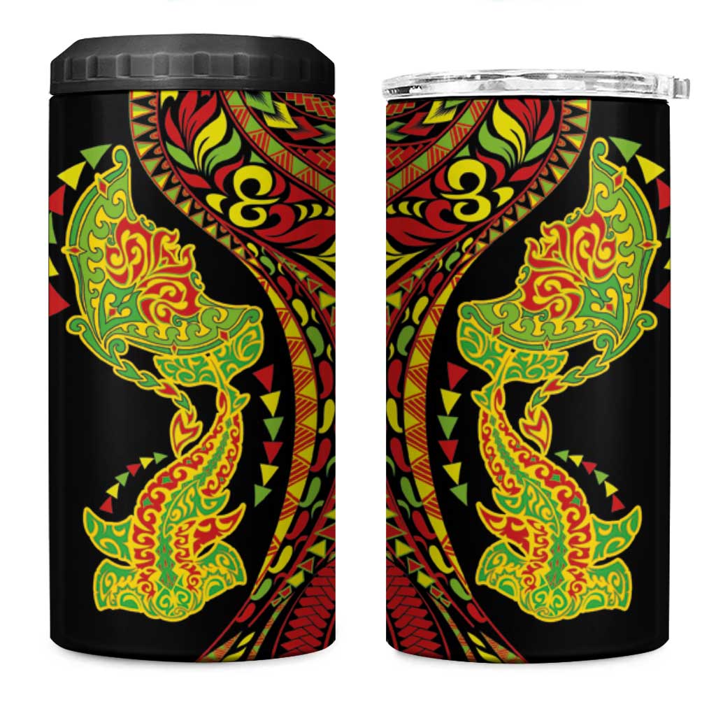 Hawaiian Manta Ray and Hammerhead Shark Tribal Tattoo 4 in 1 Can Cooler Tumbler with Polynesian Tribal Pattern Kanaka Maoli Flag Color