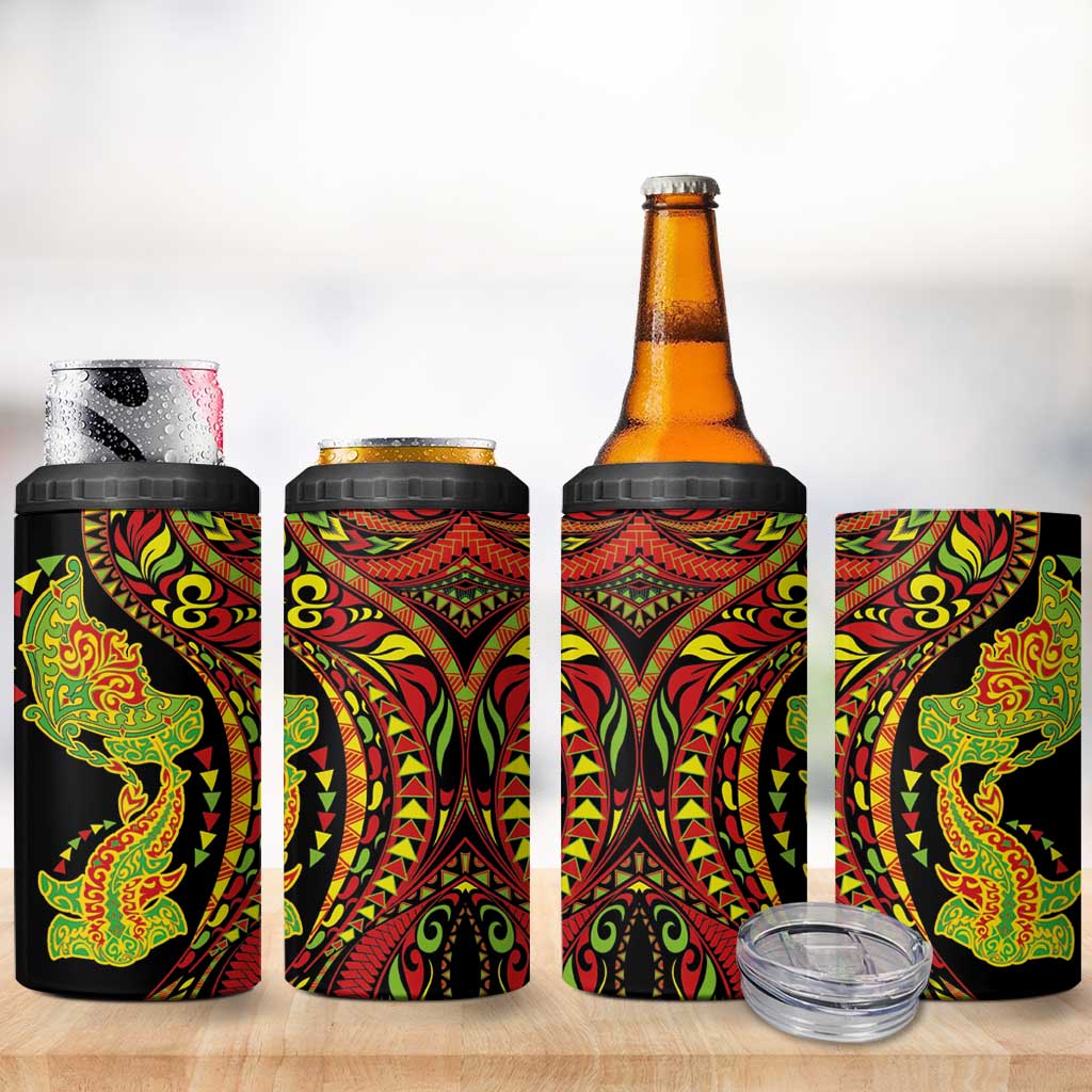 Hawaiian Manta Ray and Hammerhead Shark Tribal Tattoo 4 in 1 Can Cooler Tumbler with Polynesian Tribal Pattern Kanaka Maoli Flag Color