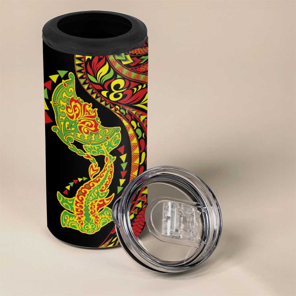Hawaiian Manta Ray and Hammerhead Shark Tribal Tattoo 4 in 1 Can Cooler Tumbler with Polynesian Tribal Pattern Kanaka Maoli Flag Color