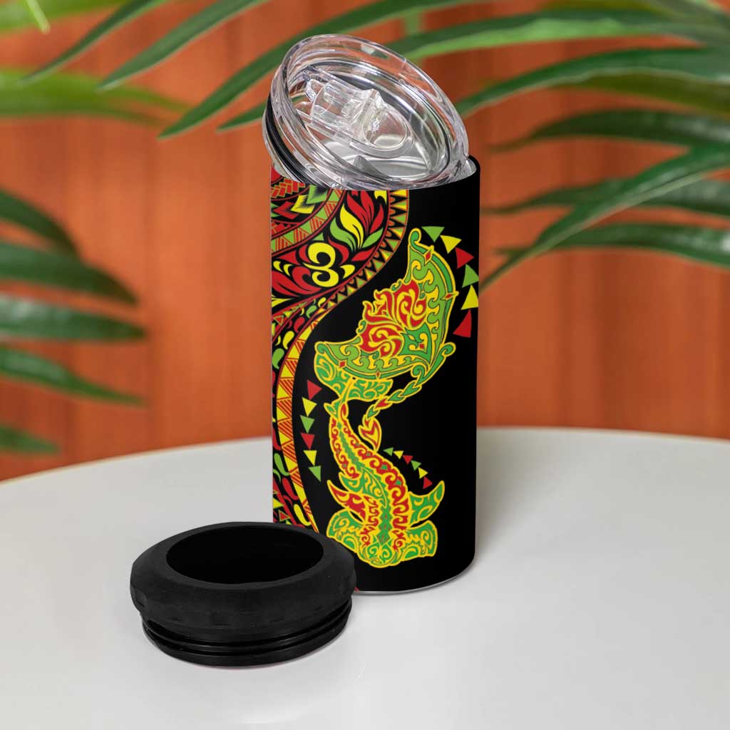 Hawaiian Manta Ray and Hammerhead Shark Tribal Tattoo 4 in 1 Can Cooler Tumbler with Polynesian Tribal Pattern Kanaka Maoli Flag Color