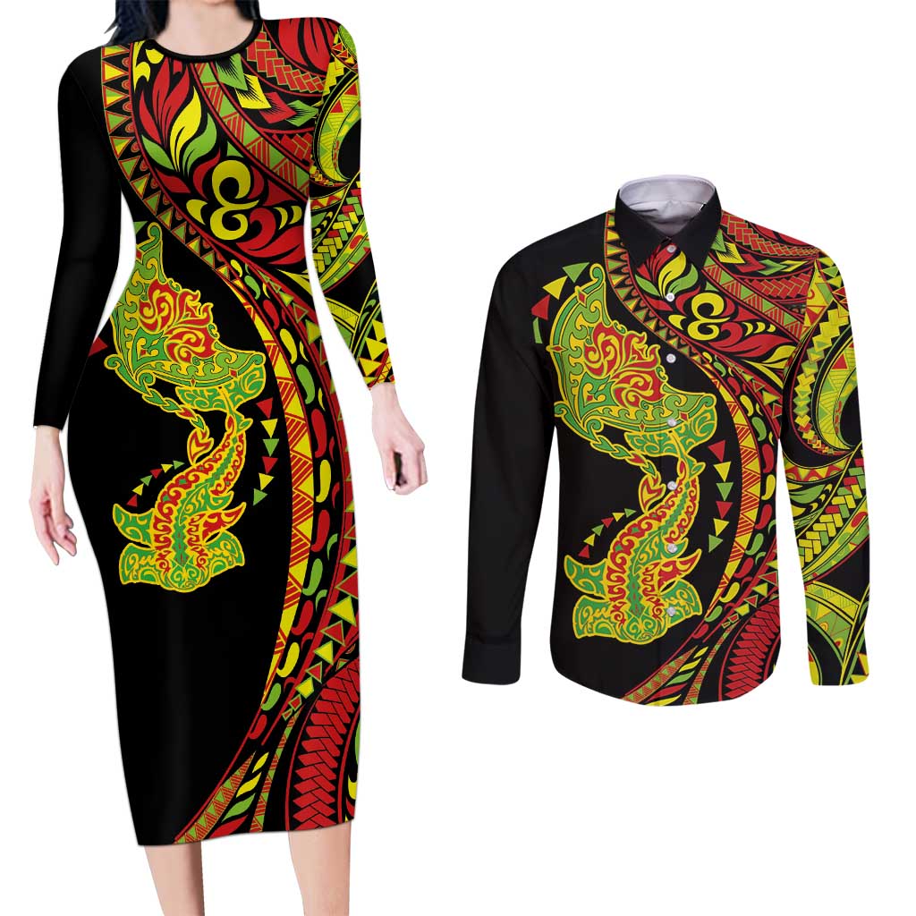 Hawaiian Manta Ray and Hammerhead Shark Tribal Tattoo Couples Matching Long Sleeve Bodycon Dress and Long Sleeve Button Shirt with Polynesian Tribal Pattern Kanaka Maoli Flag Color