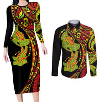 Hawaiian Manta Ray and Hammerhead Shark Tribal Tattoo Couples Matching Long Sleeve Bodycon Dress and Long Sleeve Button Shirt with Polynesian Tribal Pattern Kanaka Maoli Flag Color