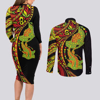 Hawaiian Manta Ray and Hammerhead Shark Tribal Tattoo Couples Matching Long Sleeve Bodycon Dress and Long Sleeve Button Shirt with Polynesian Tribal Pattern Kanaka Maoli Flag Color