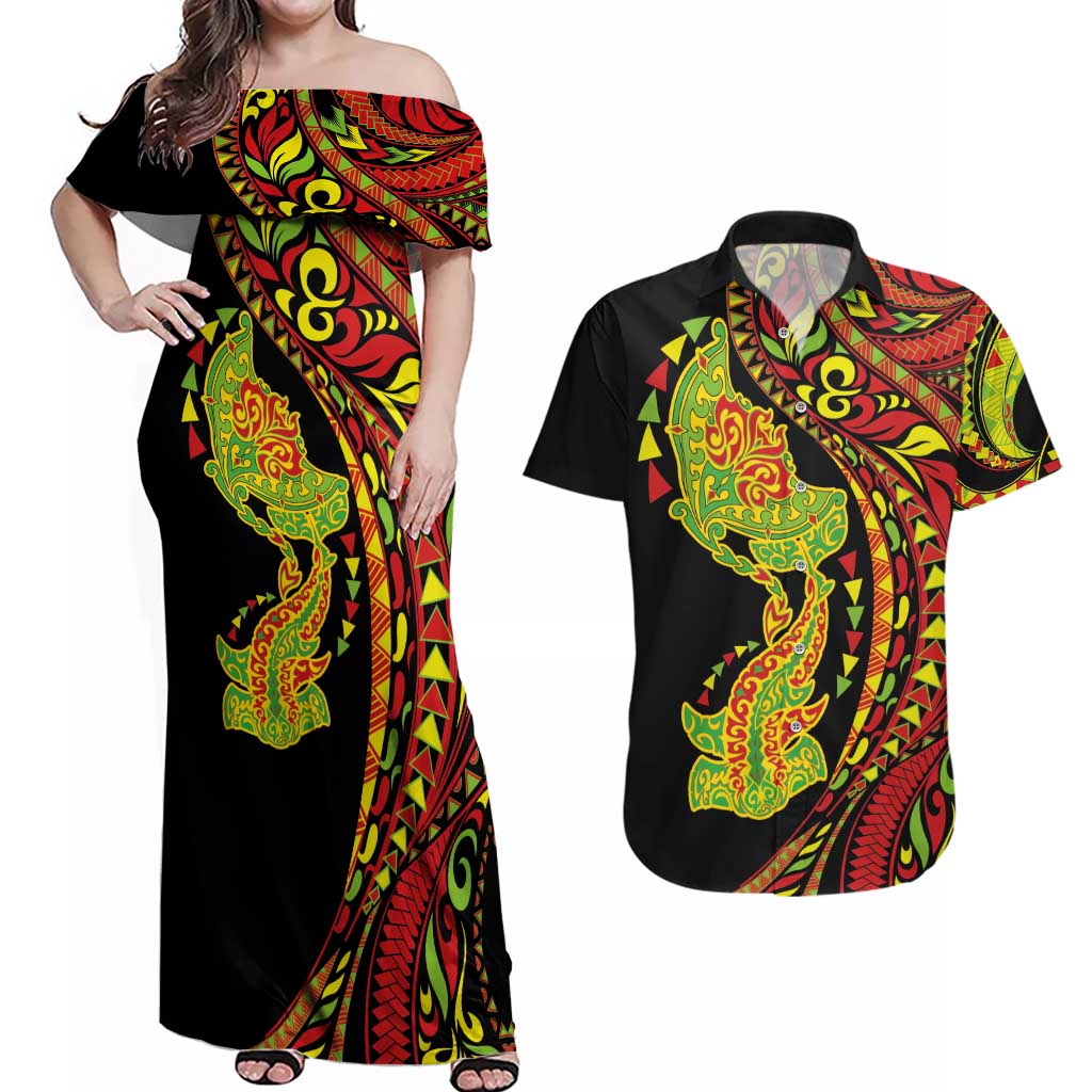 Hawaiian Manta Ray and Hammerhead Shark Tribal Tattoo Couples Matching Off Shoulder Maxi Dress and Hawaiian Shirt with Polynesian Tribal Pattern Kanaka Maoli Flag Color LT03 Multicolor - Polynesian Pride