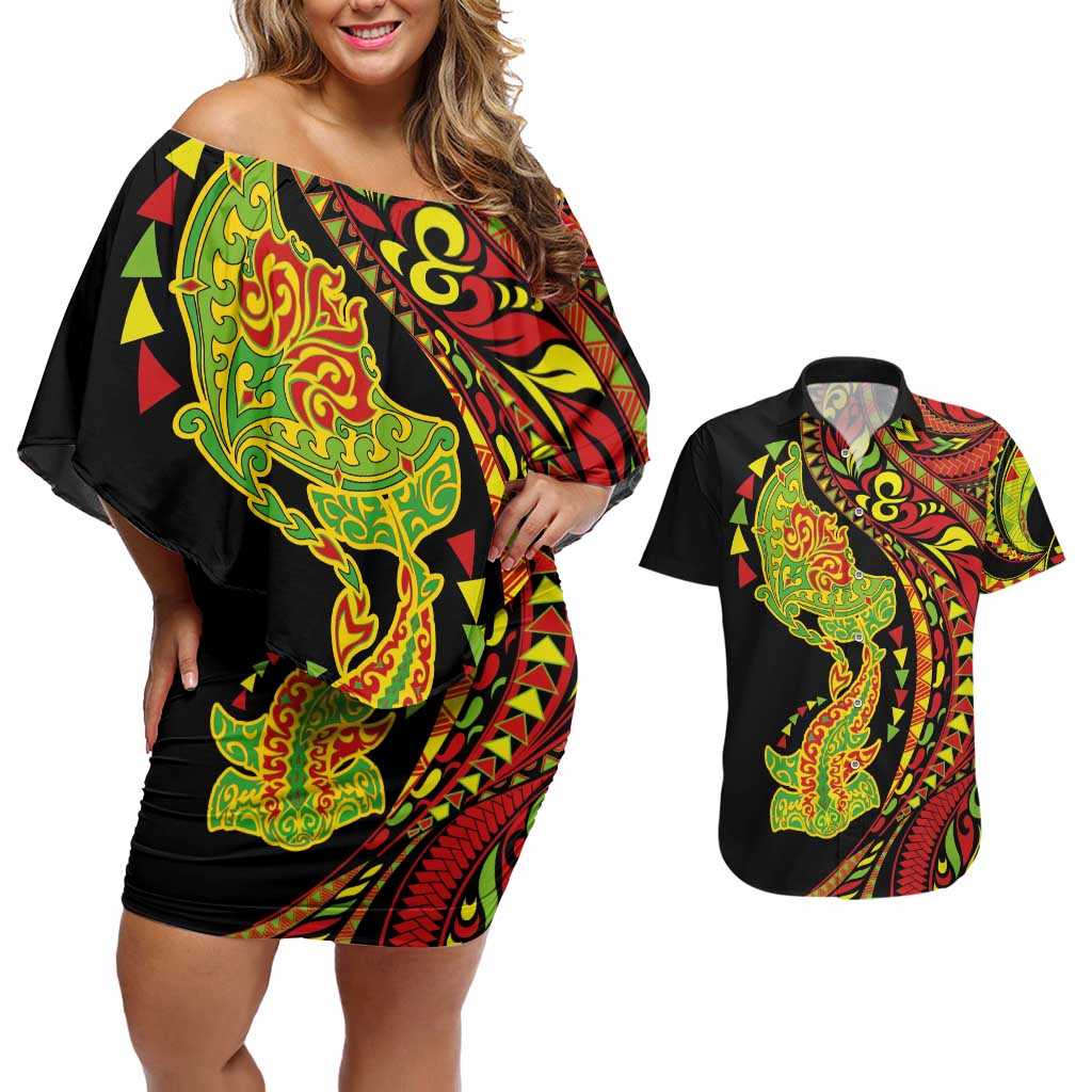 Hawaiian Manta Ray and Hammerhead Shark Tribal Tattoo Couples Matching Off Shoulder Short Dress and Hawaiian Shirt with Polynesian Tribal Pattern Kanaka Maoli Flag Color LT03 Multicolor - Polynesian Pride