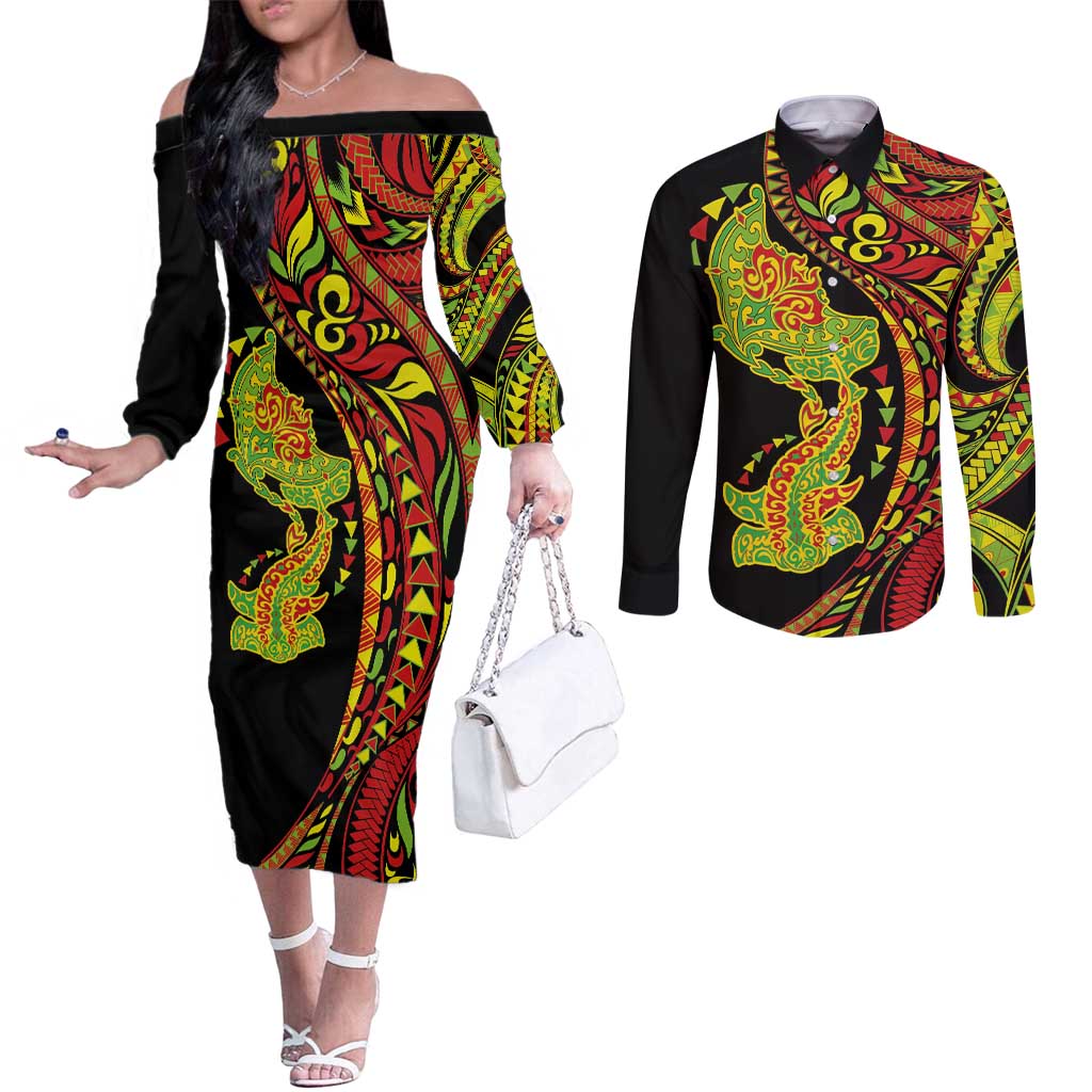 Hawaiian Manta Ray and Hammerhead Shark Tribal Tattoo Couples Matching Off The Shoulder Long Sleeve Dress and Long Sleeve Button Shirt with Polynesian Tribal Pattern Kanaka Maoli Flag Color