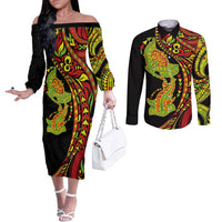 Hawaiian Manta Ray and Hammerhead Shark Tribal Tattoo Couples Matching Off The Shoulder Long Sleeve Dress and Long Sleeve Button Shirt with Polynesian Tribal Pattern Kanaka Maoli Flag Color