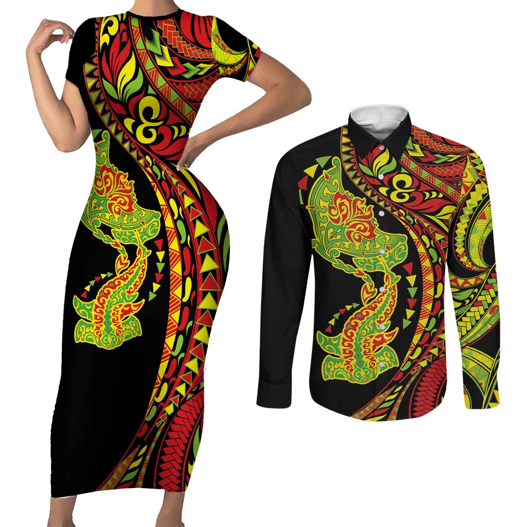 Hawaiian Manta Ray and Hammerhead Shark Tribal Tattoo Couples Matching Short Sleeve Bodycon Dress and Long Sleeve Button Shirt with Polynesian Tribal Pattern Kanaka Maoli Flag Color