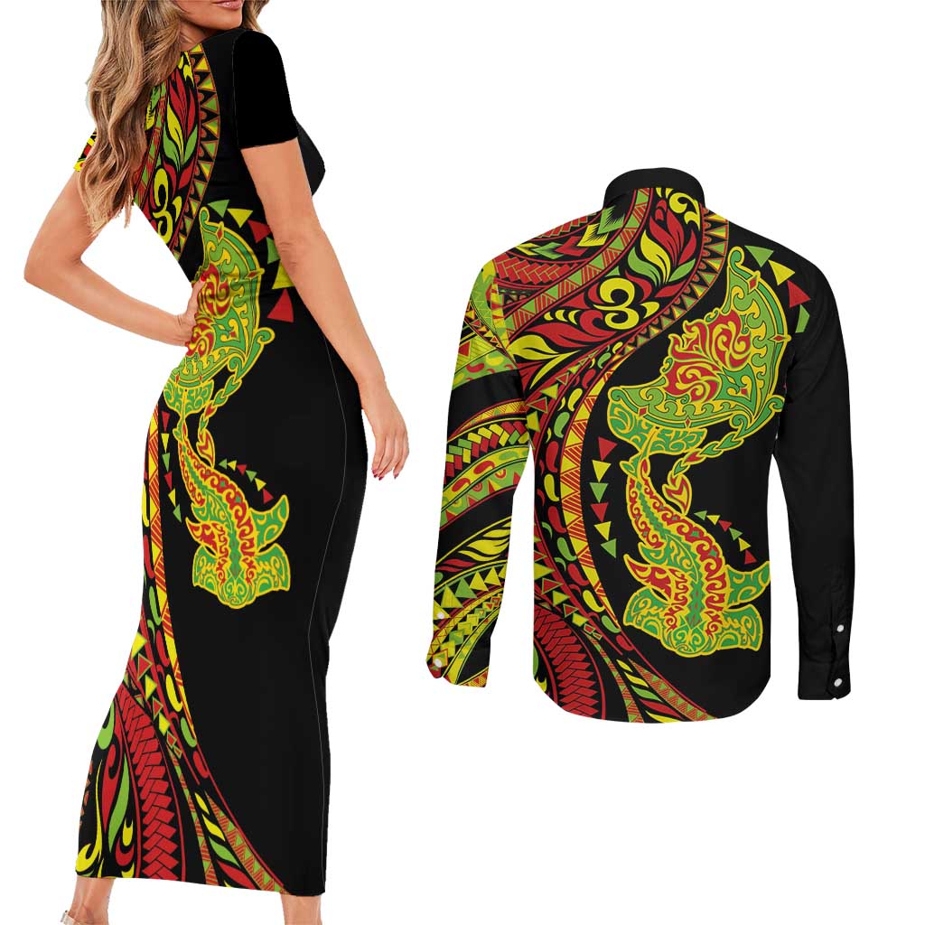 Hawaiian Manta Ray and Hammerhead Shark Tribal Tattoo Couples Matching Short Sleeve Bodycon Dress and Long Sleeve Button Shirt with Polynesian Tribal Pattern Kanaka Maoli Flag Color