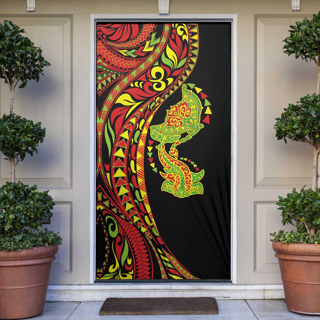 Hawaiian Manta Ray and Hammerhead Shark Tribal Tattoo Door Cover with Polynesian Tribal Pattern Kanaka Maoli Flag Color