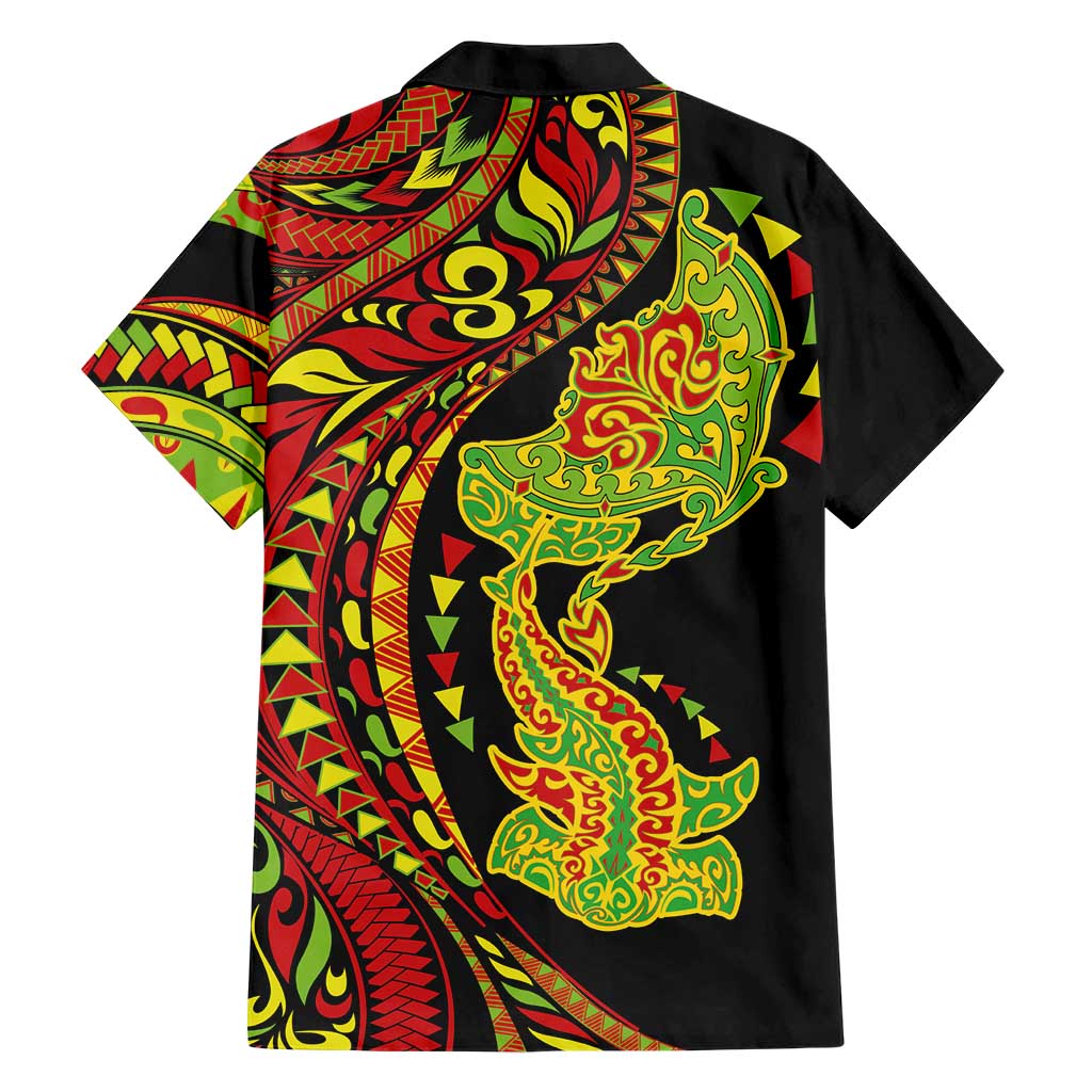 Hawaiian Manta Ray and Hammerhead Shark Tribal Tattoo Family Matching Long Sleeve Bodycon Dress and Hawaiian Shirt with Polynesian Tribal Pattern Kanaka Maoli Flag Color LT03 - Polynesian Pride