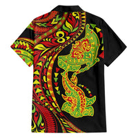 Hawaiian Manta Ray and Hammerhead Shark Tribal Tattoo Family Matching Long Sleeve Bodycon Dress and Hawaiian Shirt with Polynesian Tribal Pattern Kanaka Maoli Flag Color LT03 - Polynesian Pride