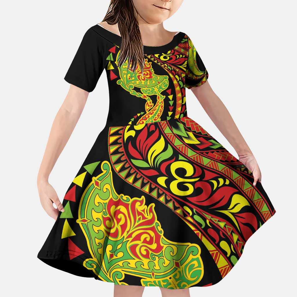 Hawaiian Manta Ray and Hammerhead Shark Tribal Tattoo Family Matching Mermaid Dress and Hawaiian Shirt with Polynesian Tribal Pattern Kanaka Maoli Flag Color LT03 Daughter's Dress Multicolor - Polynesian Pride