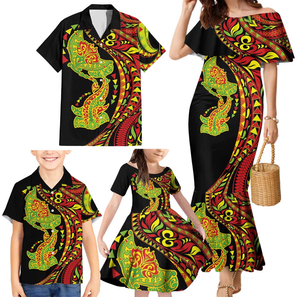 Hawaiian Manta Ray and Hammerhead Shark Tribal Tattoo Family Matching Mermaid Dress and Hawaiian Shirt with Polynesian Tribal Pattern Kanaka Maoli Flag Color LT03 - Polynesian Pride