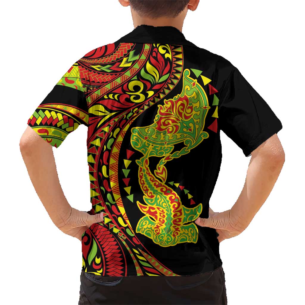 Hawaiian Manta Ray and Hammerhead Shark Tribal Tattoo Family Matching Off The Shoulder Long Sleeve Dress and Hawaiian Shirt with Polynesian Tribal Pattern Kanaka Maoli Flag Color LT03 - Polynesian Pride