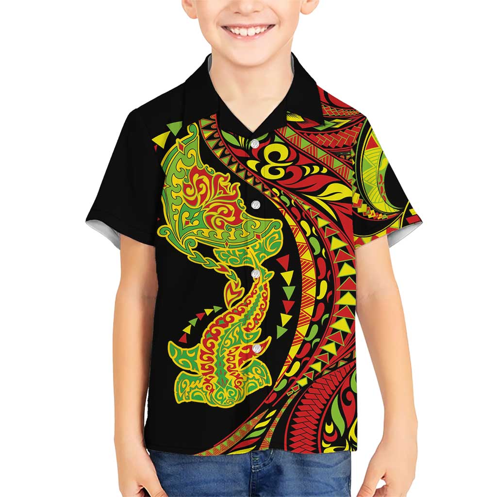 Hawaiian Manta Ray and Hammerhead Shark Tribal Tattoo Family Matching Off Shoulder Maxi Dress and Hawaiian Shirt with Polynesian Tribal Pattern Kanaka Maoli Flag Color LT03 Son's Shirt Multicolor - Polynesian Pride