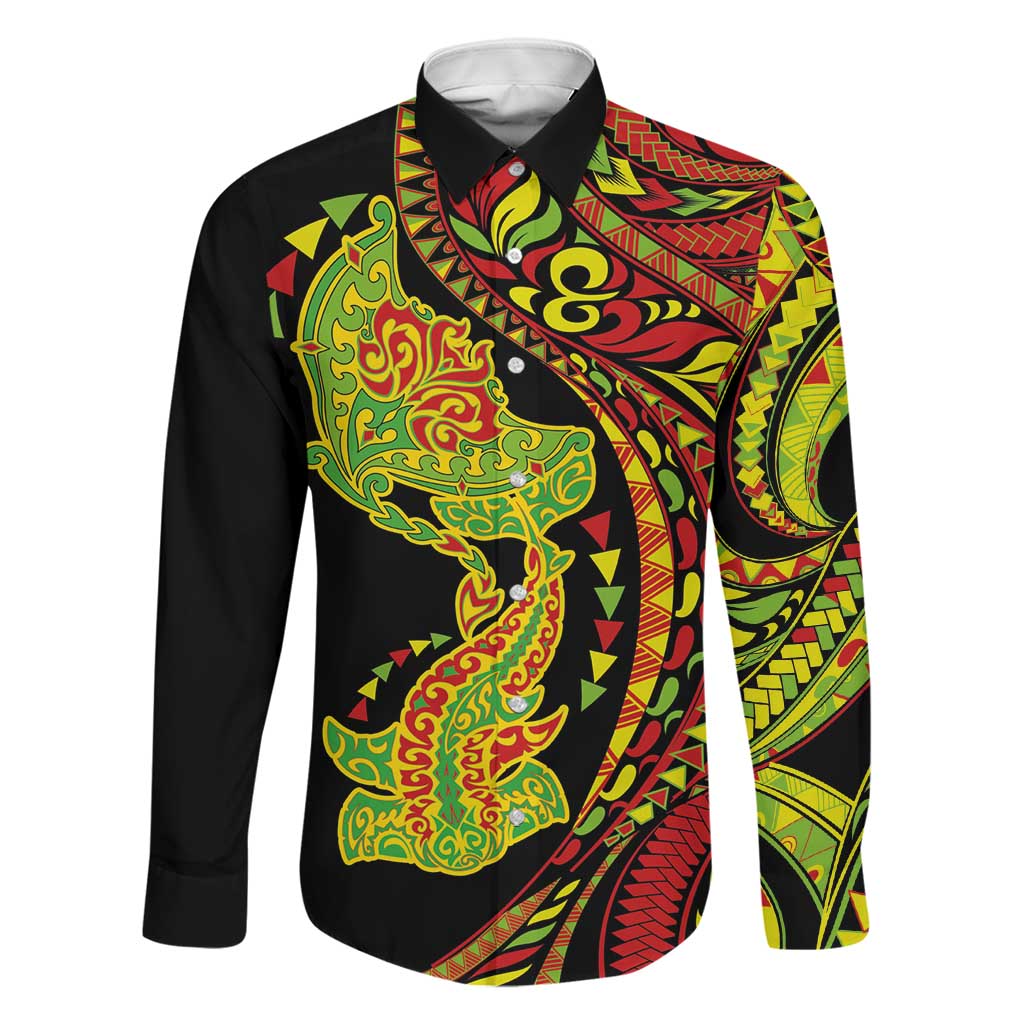 Hawaiian Manta Ray and Hammerhead Shark Tribal Tattoo Family Matching Short Sleeve Bodycon Dress and Hawaiian Shirt with Polynesian Tribal Pattern Kanaka Maoli Flag Color LT03 Dad's Shirt - Long Sleeve Multicolor - Polynesian Pride