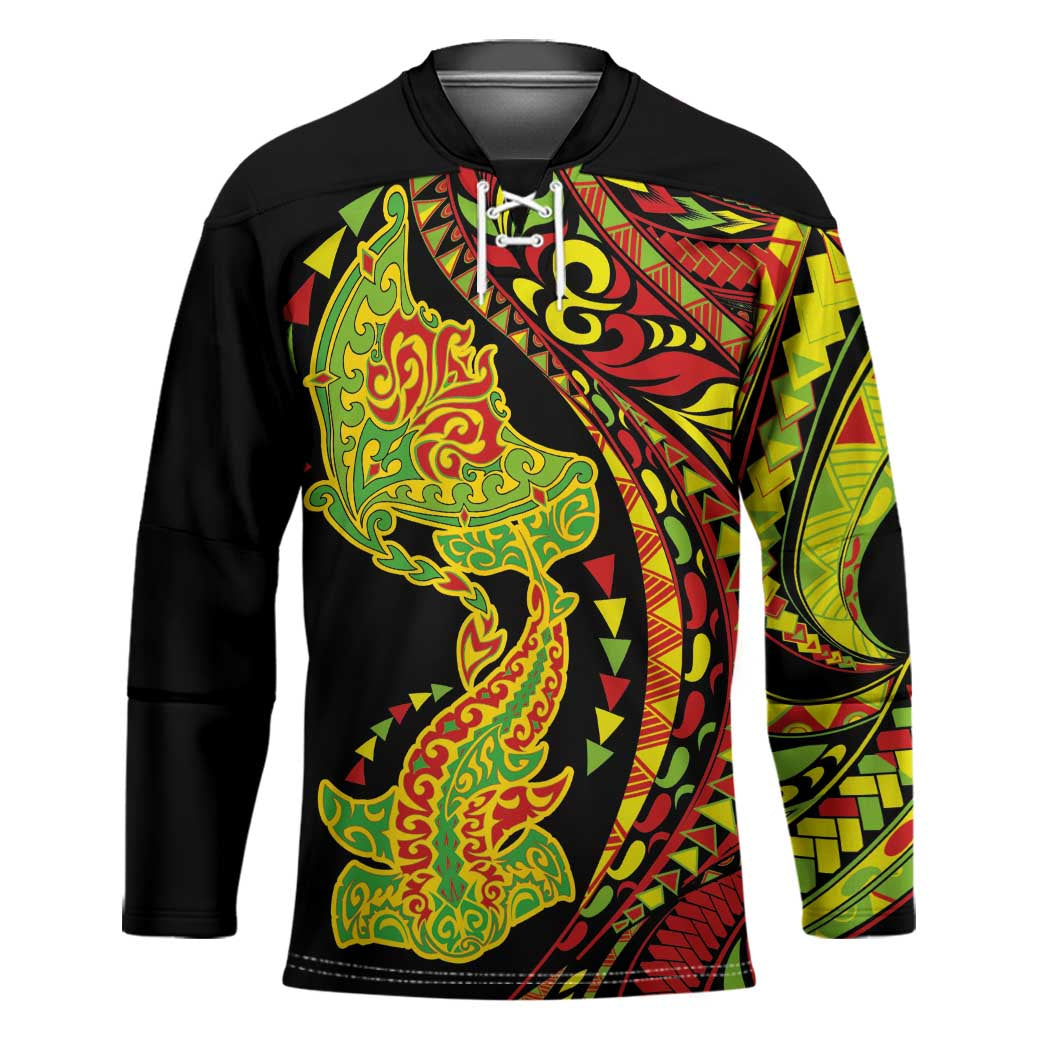 Hawaiian Manta Ray and Hammerhead Shark Tribal Tattoo Hockey Jersey with Polynesian Tribal Pattern Kanaka Maoli Flag Color