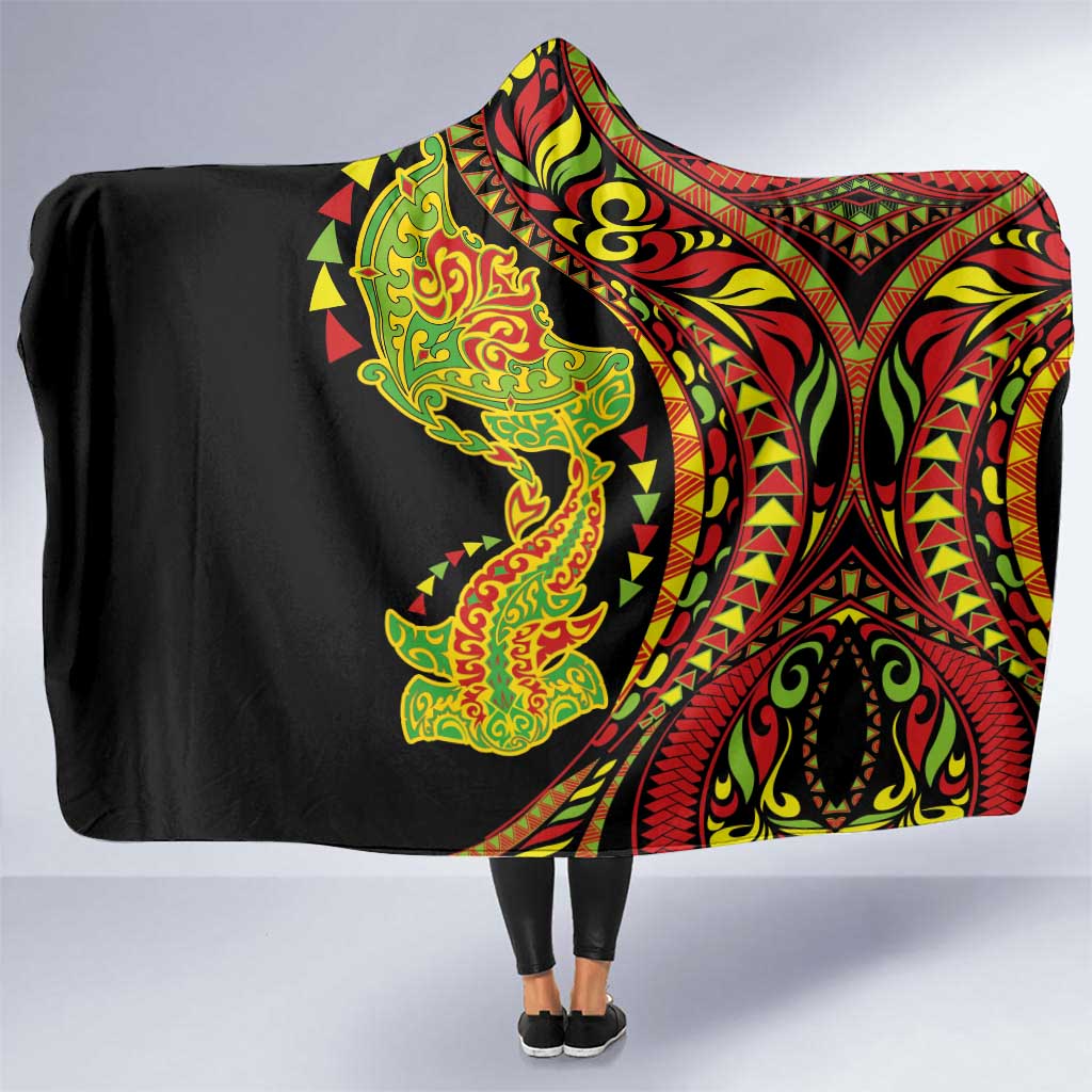 Hawaiian Manta Ray and Hammerhead Shark Tribal Tattoo Hooded Blanket with Polynesian Tribal Pattern Kanaka Maoli Flag Color