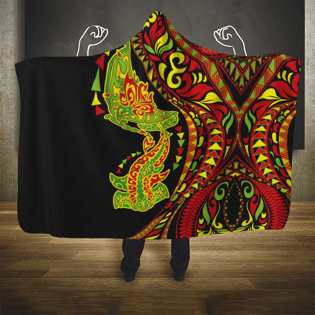 Hawaiian Manta Ray and Hammerhead Shark Tribal Tattoo Hooded Blanket with Polynesian Tribal Pattern Kanaka Maoli Flag Color
