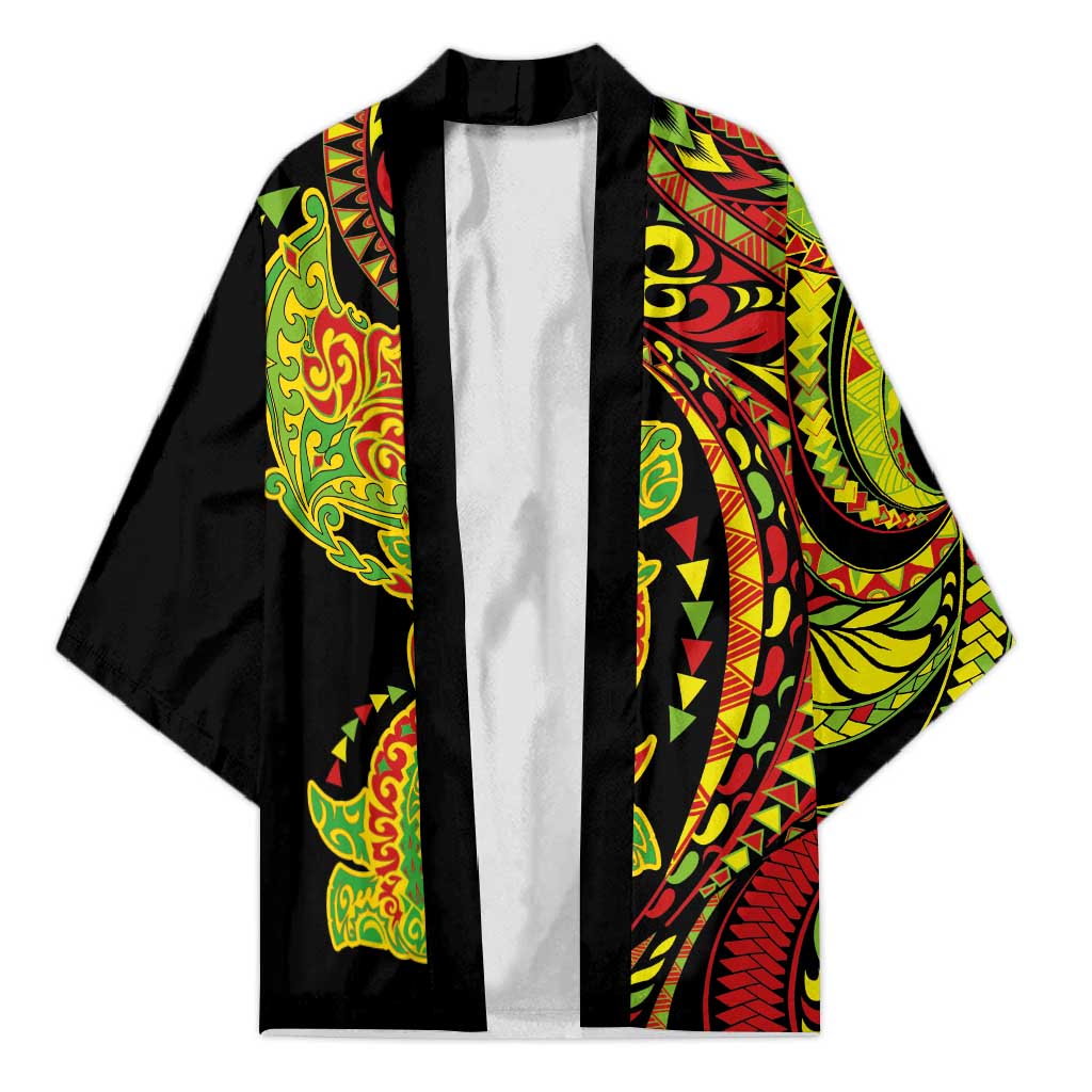 Hawaiian Manta Ray and Hammerhead Shark Tribal Tattoo Kimono with Polynesian Tribal Pattern Kanaka Maoli Flag Color LT03 Unisex Multicolor - Polynesian Pride