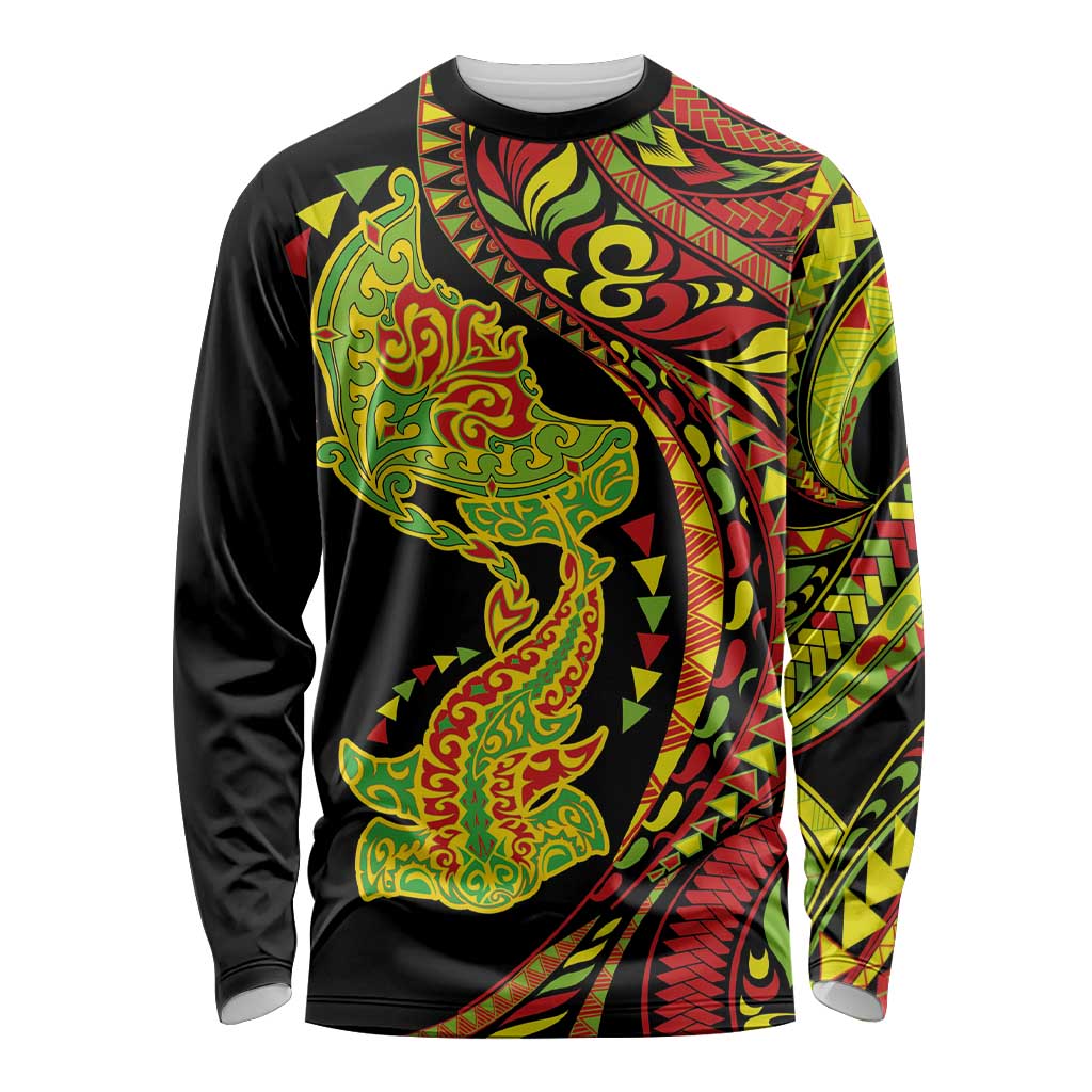 Hawaiian Manta Ray and Hammerhead Shark Tribal Tattoo Long Sleeve Shirt with Polynesian Tribal Pattern Kanaka Maoli Flag Color
