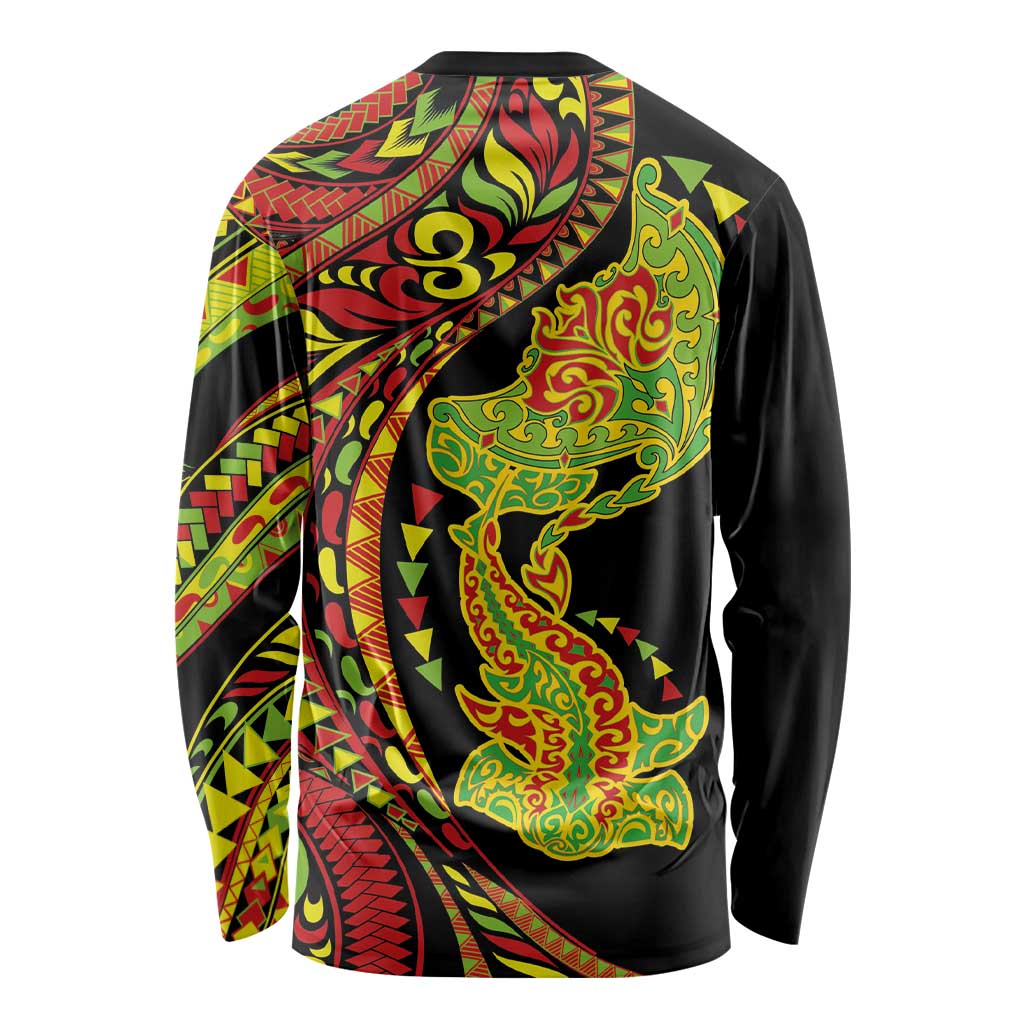 Hawaiian Manta Ray and Hammerhead Shark Tribal Tattoo Long Sleeve Shirt with Polynesian Tribal Pattern Kanaka Maoli Flag Color