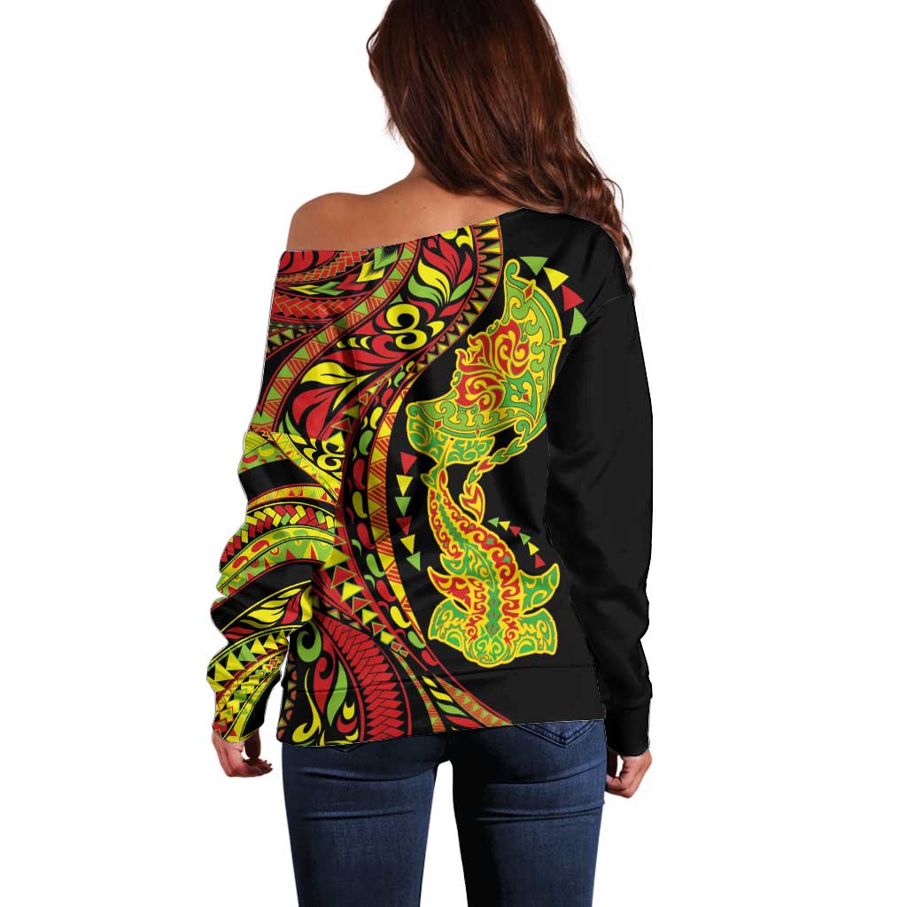 Hawaiian Manta Ray and Hammerhead Shark Tribal Tattoo Off Shoulder Sweater with Polynesian Tribal Pattern Kanaka Maoli Flag Color