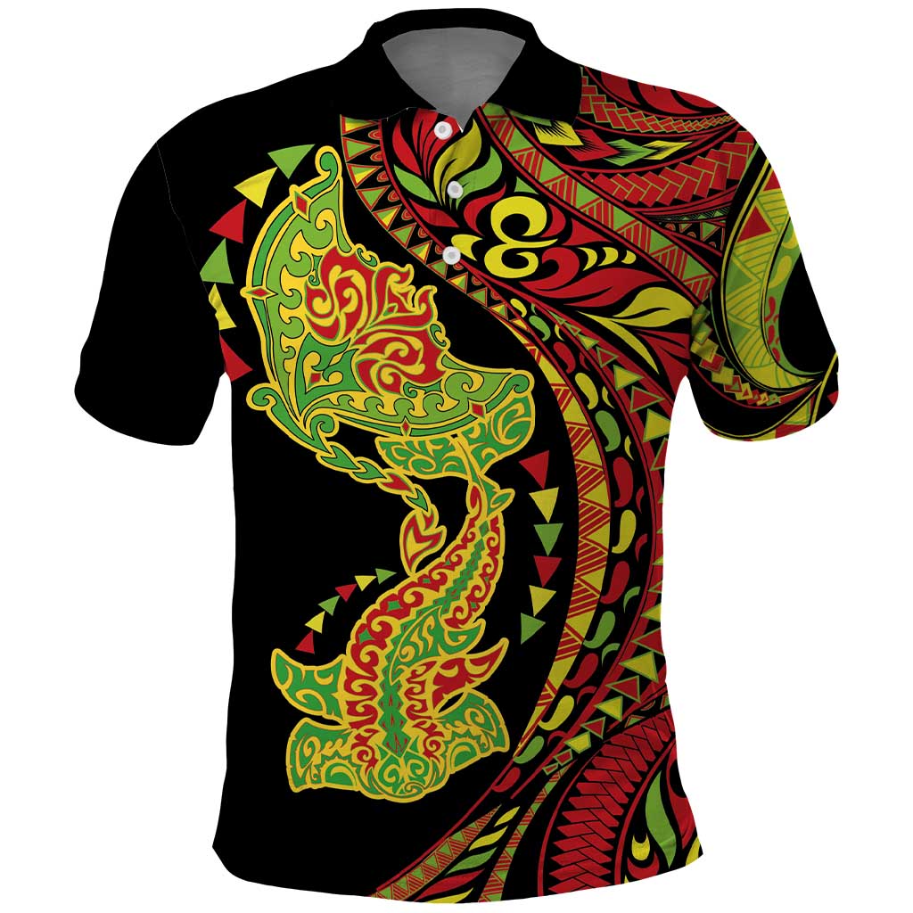 Hawaiian Manta Ray and Hammerhead Shark Tribal Tattoo Polo Shirt with Polynesian Tribal Pattern Kanaka Maoli Flag Color