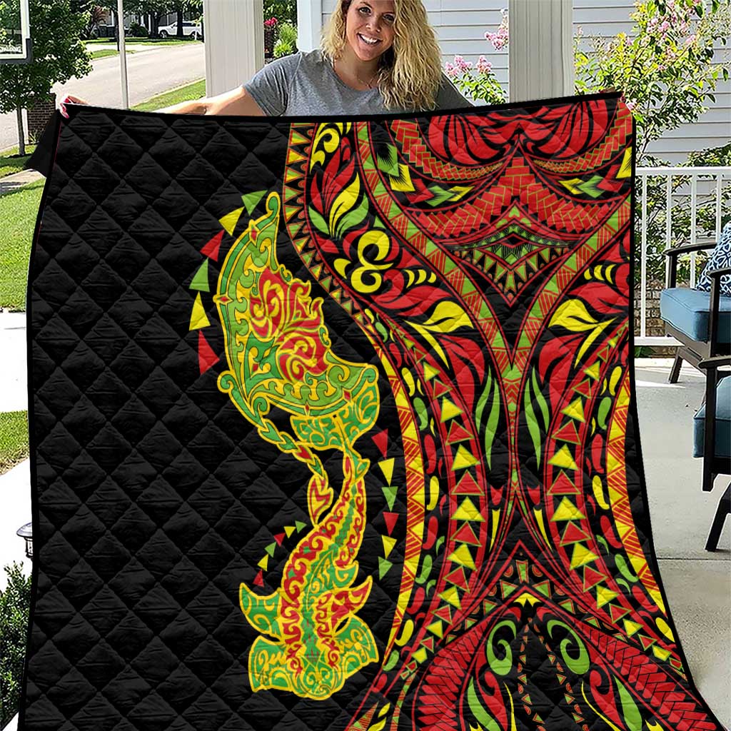 Hawaiian Manta Ray and Hammerhead Shark Tribal Tattoo Quilt with Polynesian Tribal Pattern Kanaka Maoli Flag Color LT03 Multicolor - Polynesian Pride