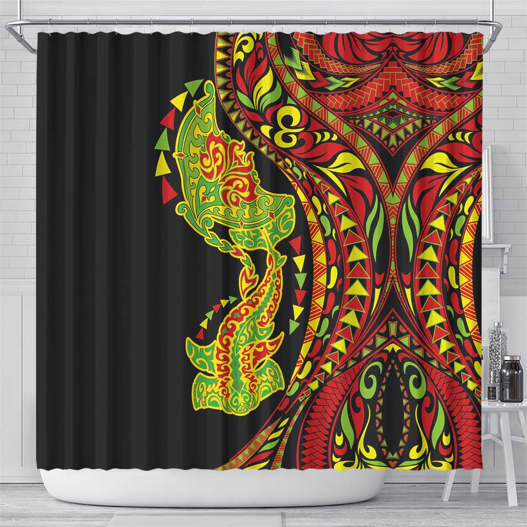Hawaiian Manta Ray and Hammerhead Shark Tribal Tattoo Shower Curtain with Polynesian Tribal Pattern Kanaka Maoli Flag Color