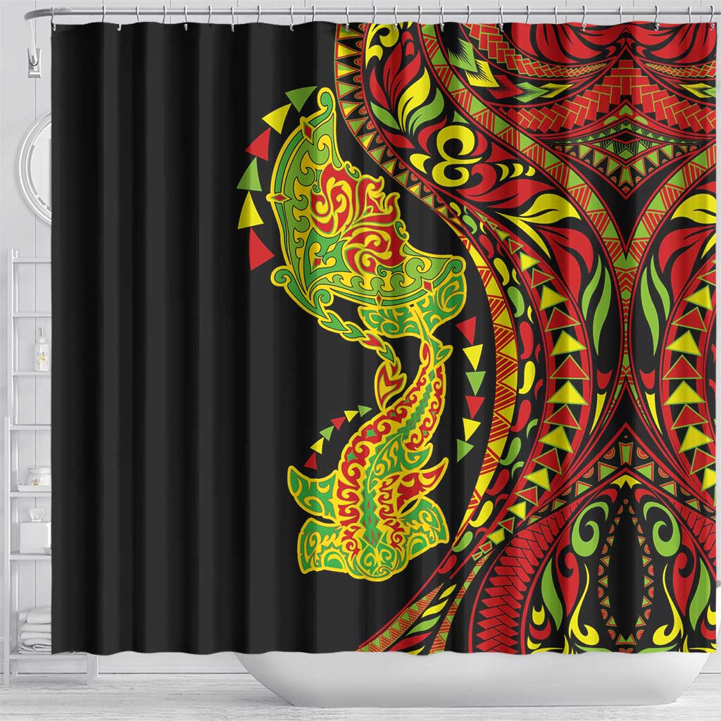 Hawaiian Manta Ray and Hammerhead Shark Tribal Tattoo Shower Curtain with Polynesian Tribal Pattern Kanaka Maoli Flag Color
