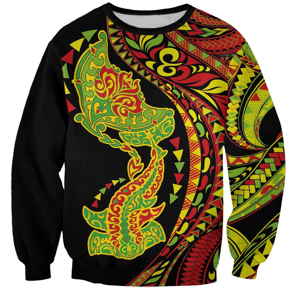 Hawaiian Manta Ray and Hammerhead Shark Tribal Tattoo Sweatshirt with Polynesian Tribal Pattern Kanaka Maoli Flag Color