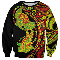 Hawaiian Manta Ray and Hammerhead Shark Tribal Tattoo Sweatshirt with Polynesian Tribal Pattern Kanaka Maoli Flag Color