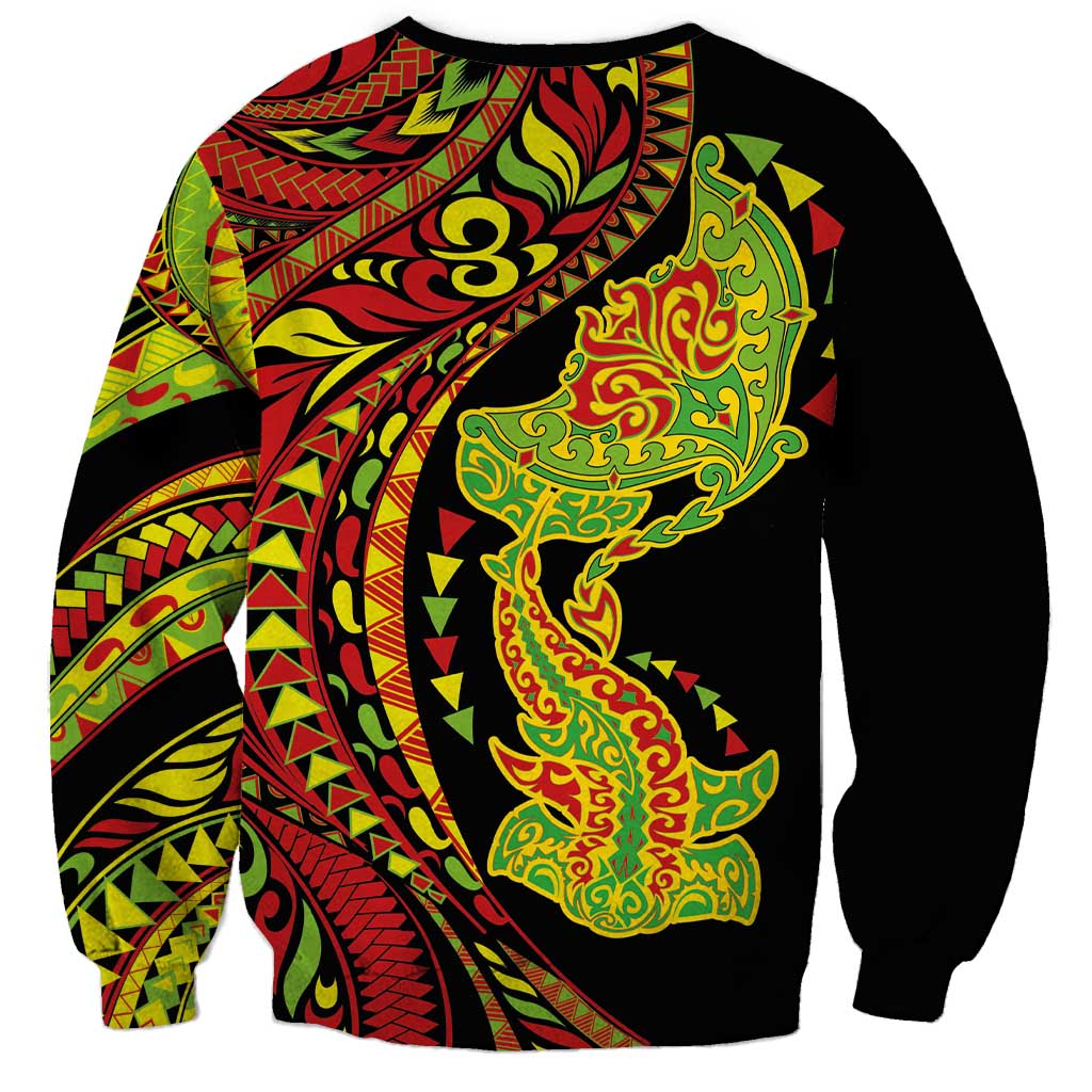 Hawaiian Manta Ray and Hammerhead Shark Tribal Tattoo Sweatshirt with Polynesian Tribal Pattern Kanaka Maoli Flag Color