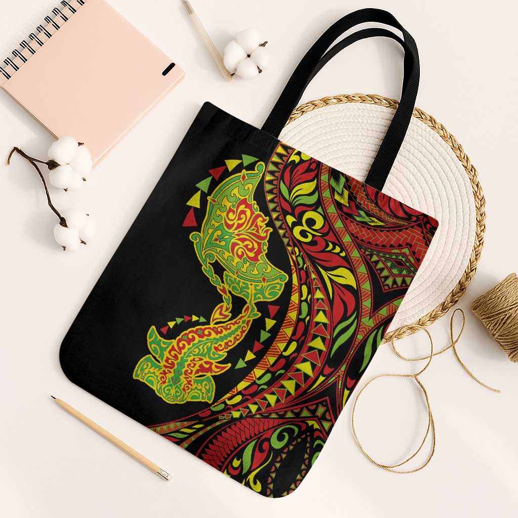 Hawaiian Manta Ray and Hammerhead Shark Tribal Tattoo Tote Bag with Polynesian Tribal Pattern Kanaka Maoli Flag Color