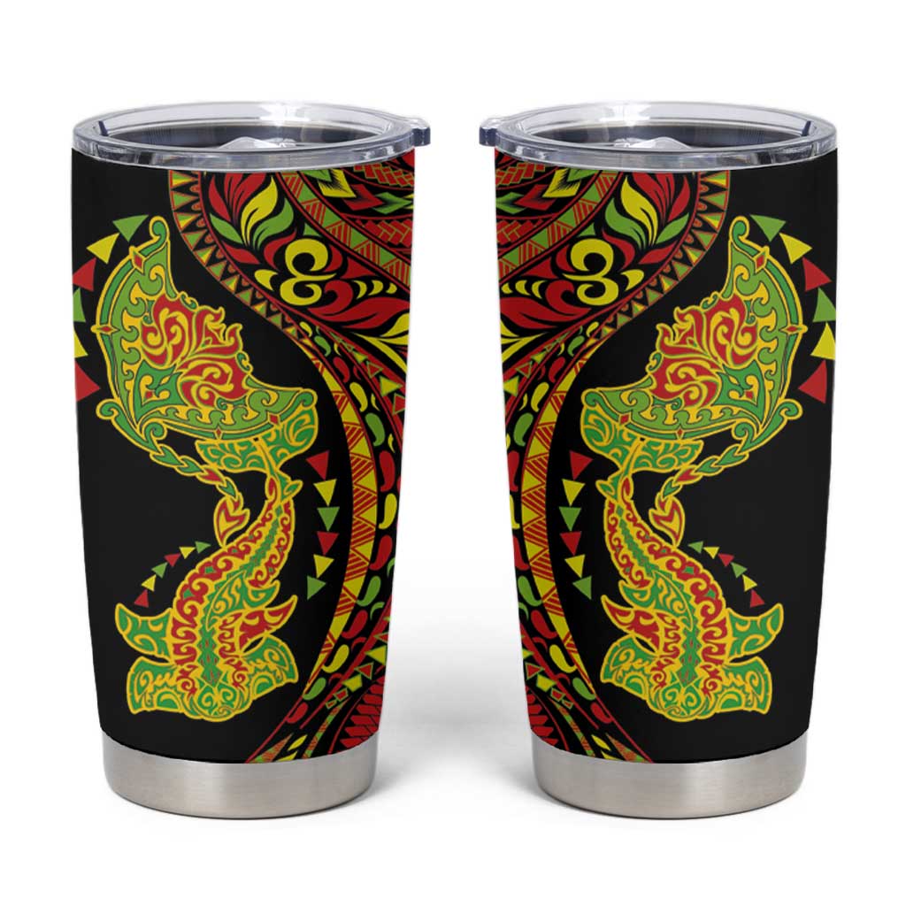 Hawaiian Manta Ray and Hammerhead Shark Tribal Tattoo Tumbler Cup with Polynesian Tribal Pattern Kanaka Maoli Flag Color